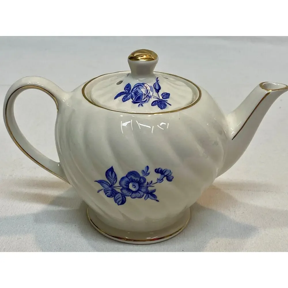 Windsor England Blue White Floral Teapot Individual Size Gold Trim